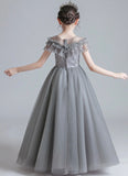 Grey flower girl dress long ball gown