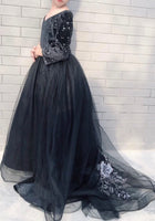 Middle sleeve little girl's black ball gown with train