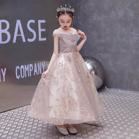 Sleeveless sparkly champagne pink prom dress for little girl