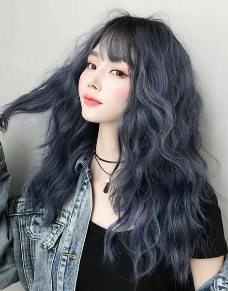 Dusty blue small curly long wig – Beauty Outfits