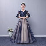 Long sleeve embroidered child black prom dress