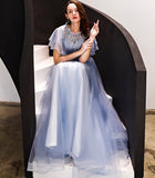 High neckline blue gown tulle prom dress