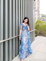 Backless blue floral beach long dress