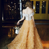 Off the shoulder silver yellow event dress