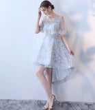 Hi-lo silver gray prom dress embroidered lace tulle