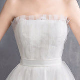 Off the shoulder high low modest wedding dress