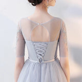 Long grey bridesmaid dress v neck tulle