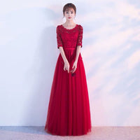 Half sleeve dark red lace tulle event dress