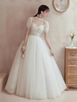 Short sleeve floor length long backless modest wedding dress