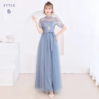 Floor length long blue bridesmaid dress embroidered tulle gown