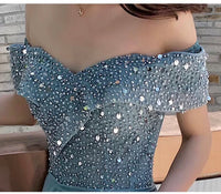 Off the shoulder sparkly mint prom dress