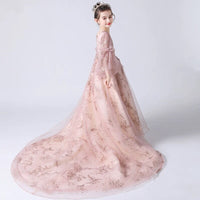 Half sleeve little girl's pink trailing quinceanera dress
