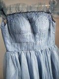 Off the shoulder dusty blue prom dress with pearl