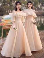 Beige bridesmaid dresses long tulle prom dresses