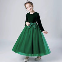 Long sleeve flannelette and tulle girl's dress green blue burgundy velvet flower girl dress