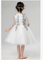 Long sleeve kid's short gown embroidered white flower girl dress