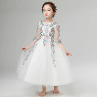 Long sleeve ankle length kid's gown embroidered flower girl dress