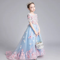 Short sleeve sky blue applique tailed ball gown
