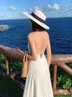 Backless white beach dress spaghetti straps long white vacation dress