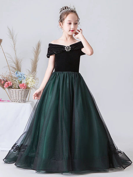 Black green little girl's party dress