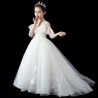 Mini wedding dress white little girl's ball gown with train