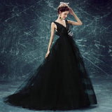 Black backless evening dress v neck tulle floor-length