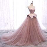 Spaghetti straps pink satin and tulle evening dress
