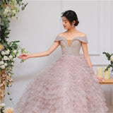 Off the shoulder silver pink wedding gown