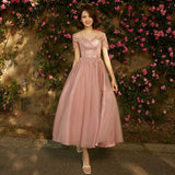 Calf length long pink tulle bridesmaid dresses