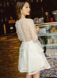 Middle sleeve white pearls dress black bead lace dress
