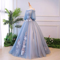 Off the shoulder blue embroidered prom dress