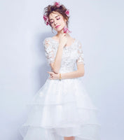 Short sleeve wedding dress high-low embroidered bandage
