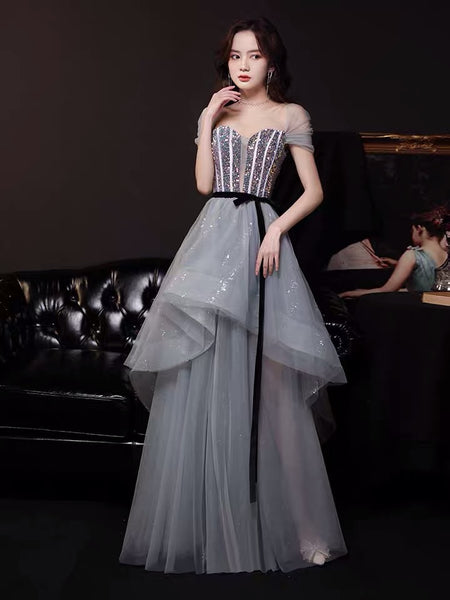 Grey sequin prom dress sparkly evening dress