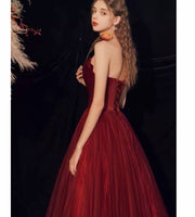 Off the shoulder satin and tulle burgundy dark red evening dress