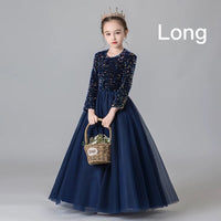 Long sleeve dark blue sequin little girl's ball gown