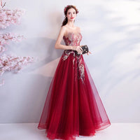 Burgundy prom dress embroidered tulle gown