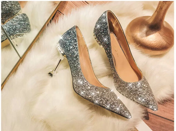 Women?s Ladies Silver Blue Glitter Sparkle New High Heel Shoes Holiday Fun  | eBay