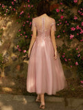 Calf length long pink tulle bridesmaid dresses