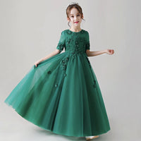 Green embroidered flower girl dress floor length long kid's green gown