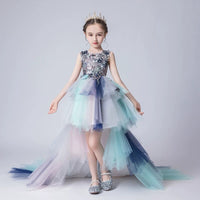 Little girl's blue party dress with train