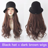 Knitting hat with curly wigs black long hair