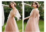 Embroidered tulle calf length long bridesmaid dresses