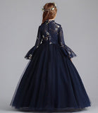 Long sleeve dark blue flower girl dress embroidered and tulle kid's gown