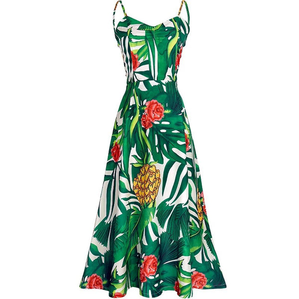 Spaghetti straps banana leaf green floral beach dress
