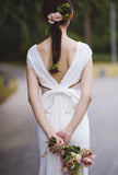 V neckline backless modest ivory wedding dress