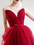 Dark red prom dress off the shoulder tulle dress