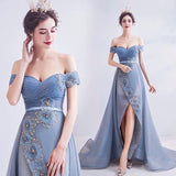 Strapless applique dusty blue prom dress