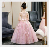 Floor length long sparkly little girl's pink ball gown