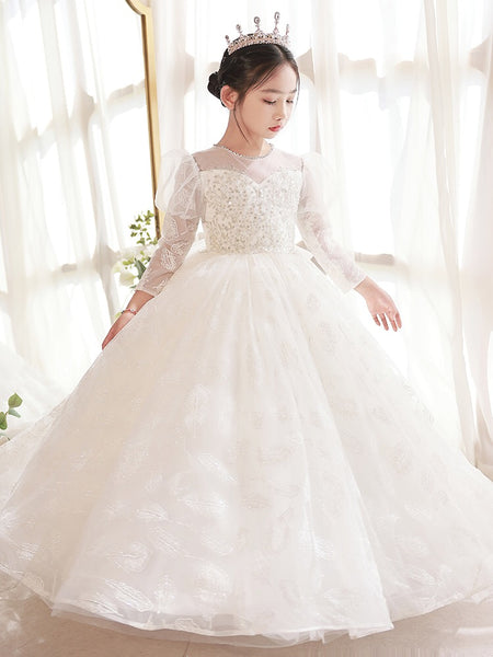 White embroidered ball gown for little girl floor length long