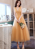 Calf length long yellow bridesmaid dress party wear dress